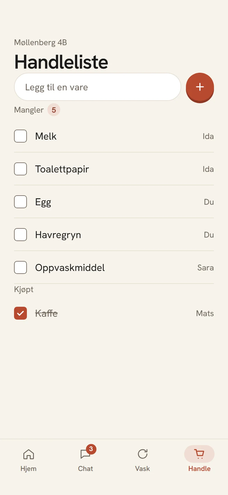 Felles handleliste med varer som mangler og varer som er kjøpt.
